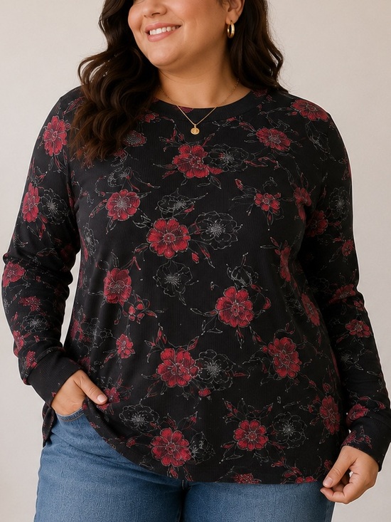 White Stag Tops - White Stag Mock Neck Black and Red Rose Long Sleeve Cotton Tee - Size 1X